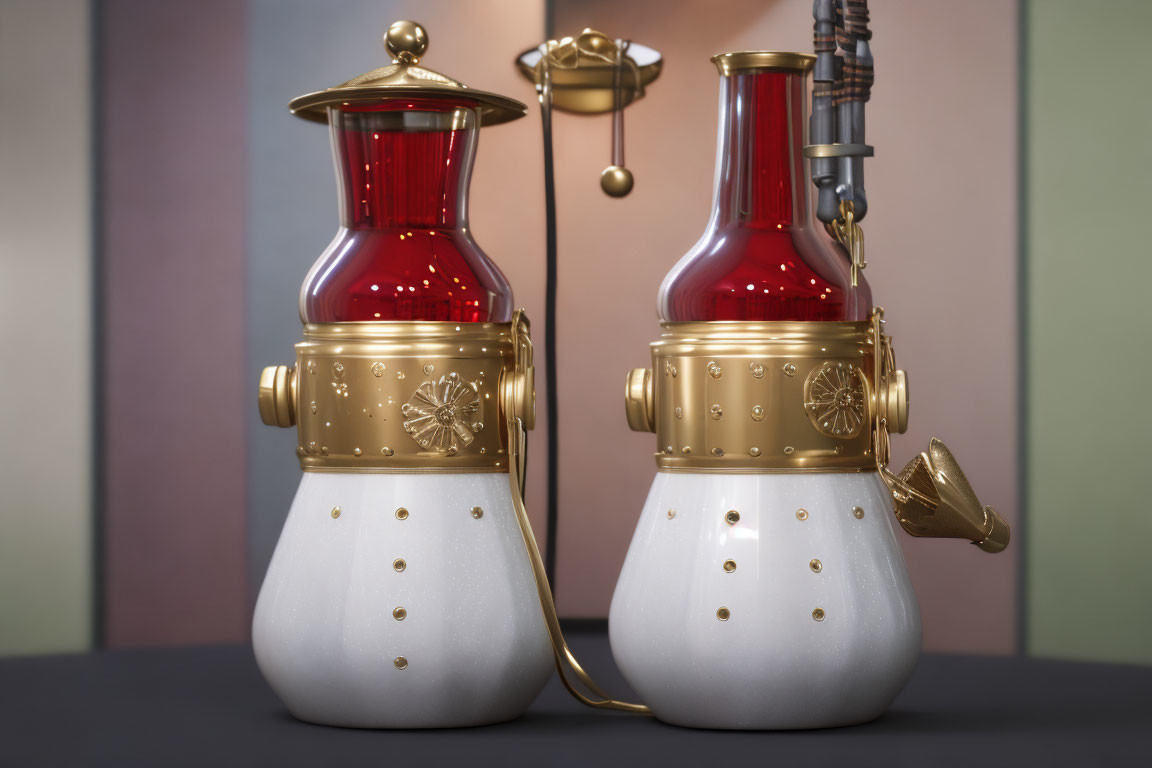 Vintage-style Coffee Grinders with Red and Gold Embellishments on Multicolored Background