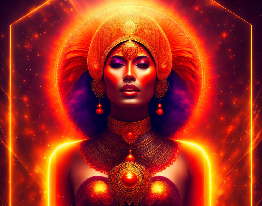 Vibrant portrait of woman with golden headdress on fiery backdrop