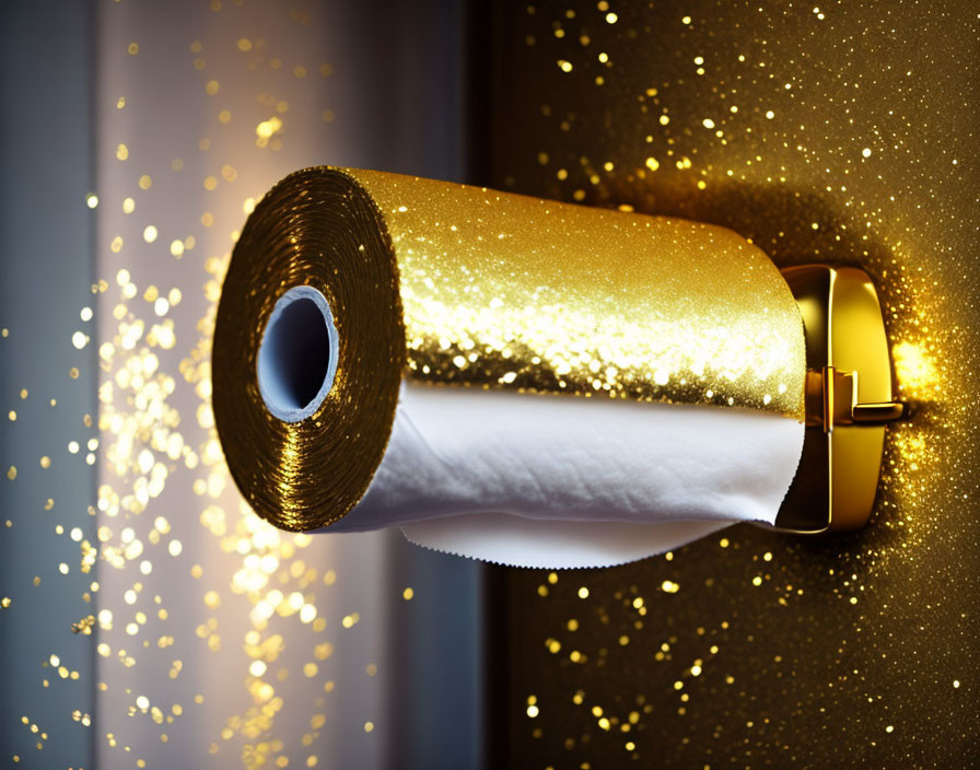 Golden Glittery Toilet Paper Roll Holder with Sparkling Light Particles