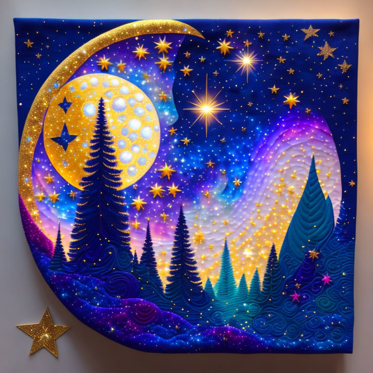 Vibrant artwork of crescent moon, starry night sky, pine trees, and cosmic backdrop