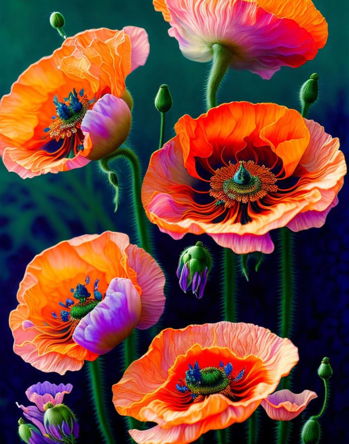 Bright Orange Poppies with Blue Stamen on Dark Green Background