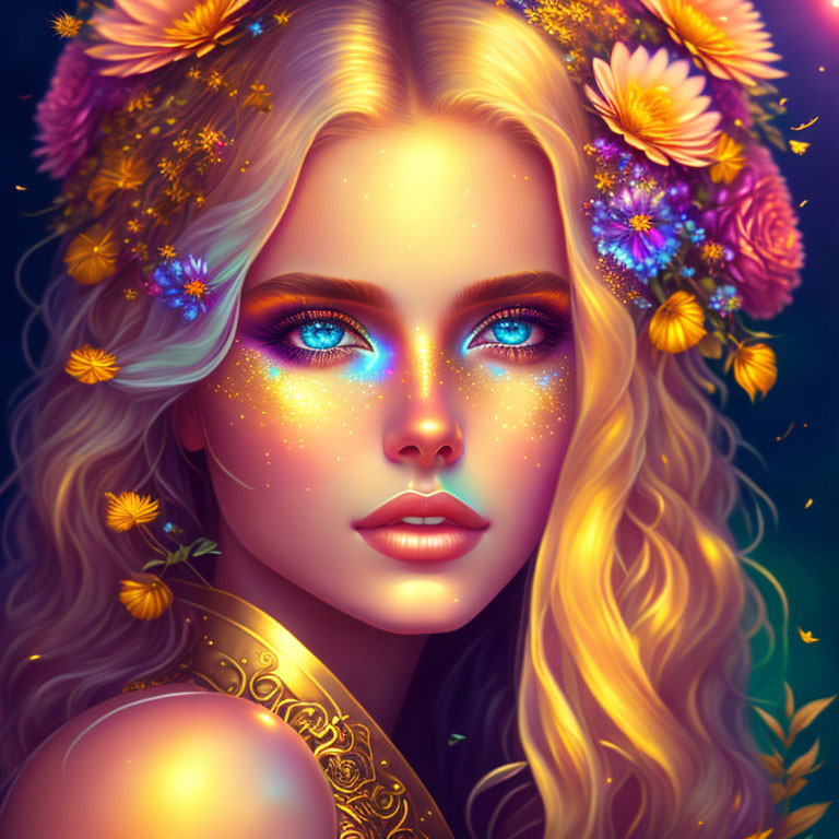 Digital portrait of a woman with vibrant blue eyes and luminescent flowers, emitting a magical aura.