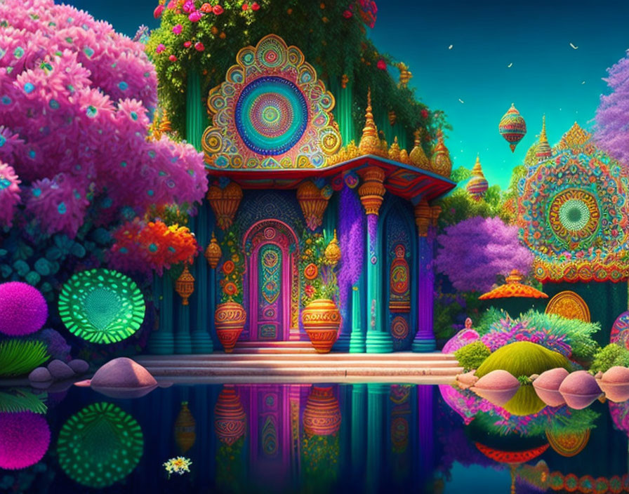 Colorful Fantasy Landscape with Luminescent Plants and Ornate Palace