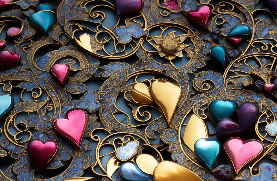 Ornate Metalwork Design with Golden and Heart-shaped Elements