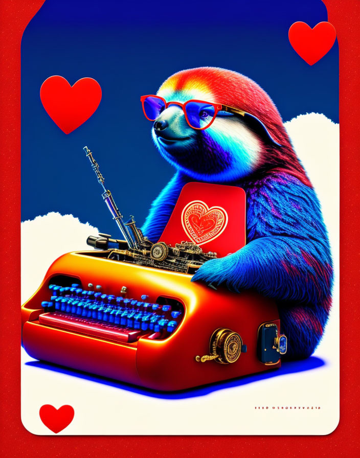 Colorful Sloth with Heart Glasses Typing on Vintage Typewriter surrounded by Hearts on Blue Background