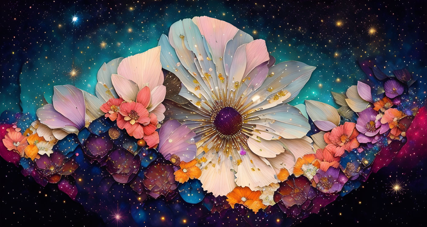 Colorful Flowers and Petals in Cosmic-Inspired Digital Art