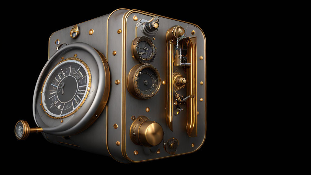 Steampunk-style device with dials, gears, pipes, clock face, and gold accents on