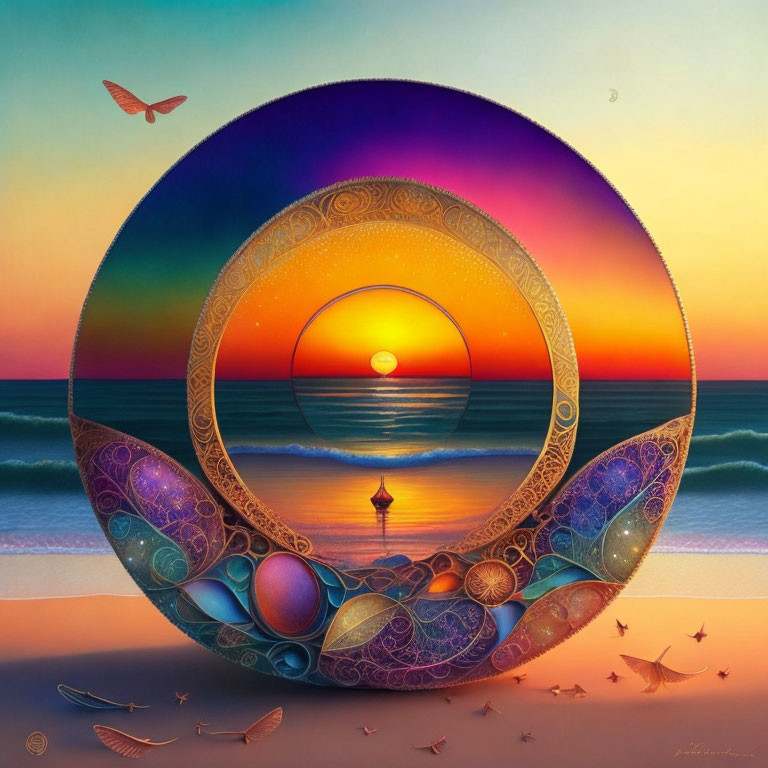 Circular sunset ocean artwork with ornate patterns, celestial elements, birds, and butterfly.