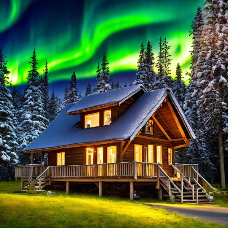 Rustic wooden cabin with glowing windows under night sky and aurora borealis over snowy trees