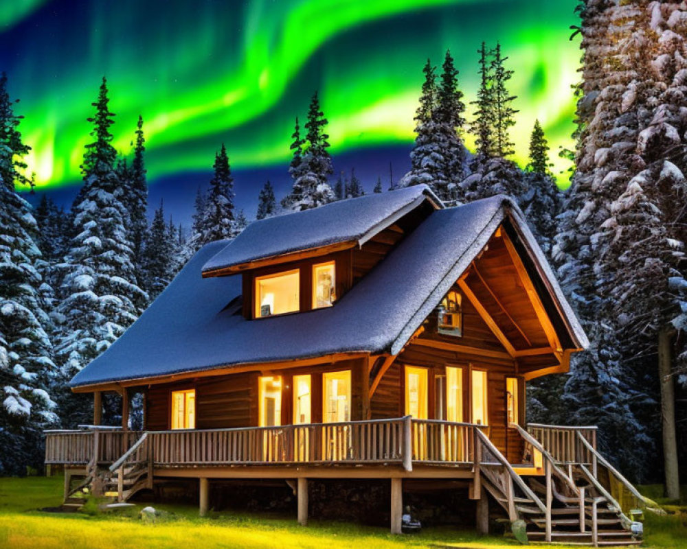 Rustic wooden cabin with glowing windows under night sky and aurora borealis over snowy trees