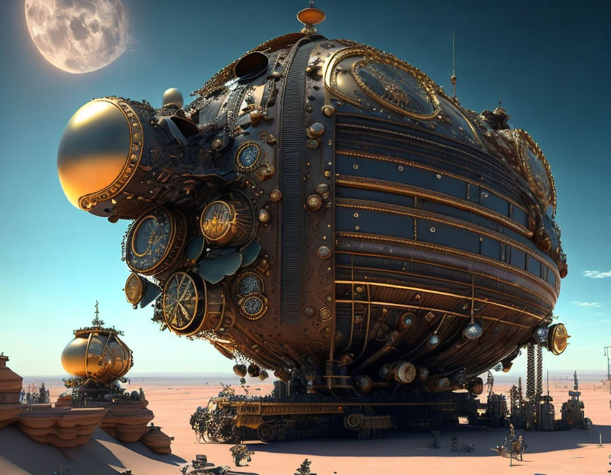 Intricate steampunk airship over desert landscape with moon