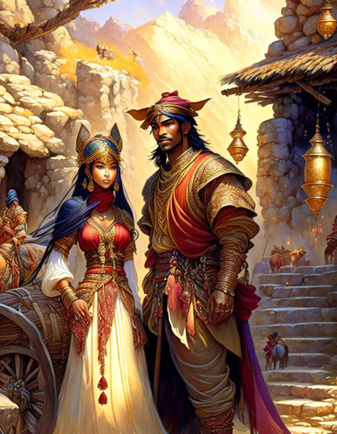 Regal couple in eastern fantasy attire in desert city backdrop