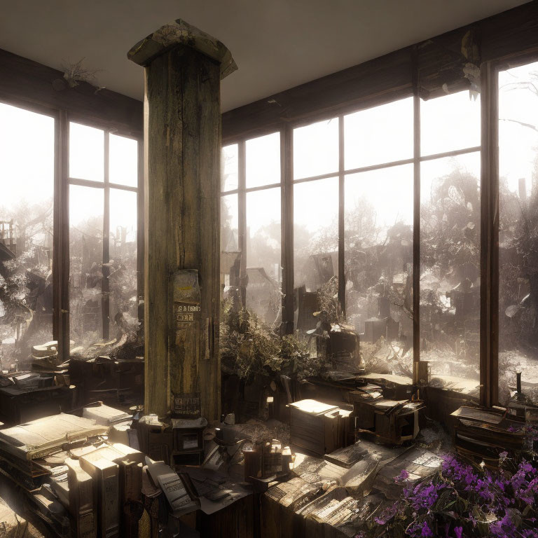 Abandoned room with overgrown plants and papers, sunlit windows & desolate landscape