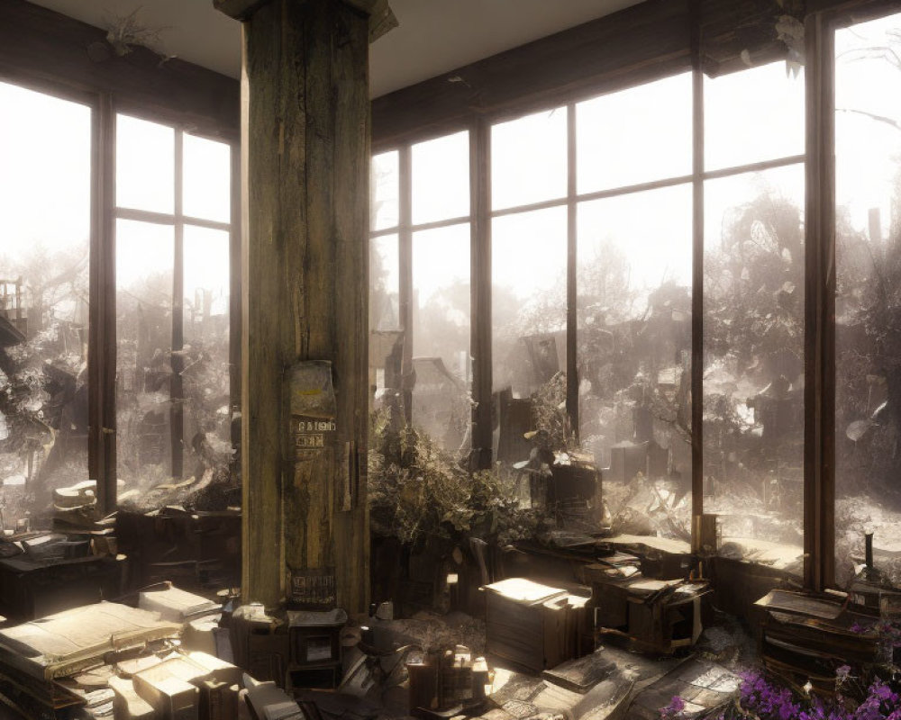 Abandoned room with overgrown plants and papers, sunlit windows & desolate landscape