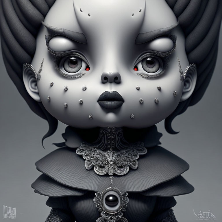 Monochrome stylized portrait of a character with large eyes and intricate details