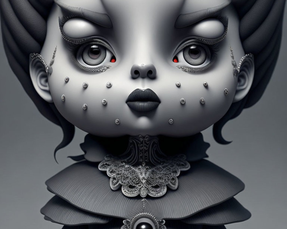 Monochrome stylized portrait of a character with large eyes and intricate details