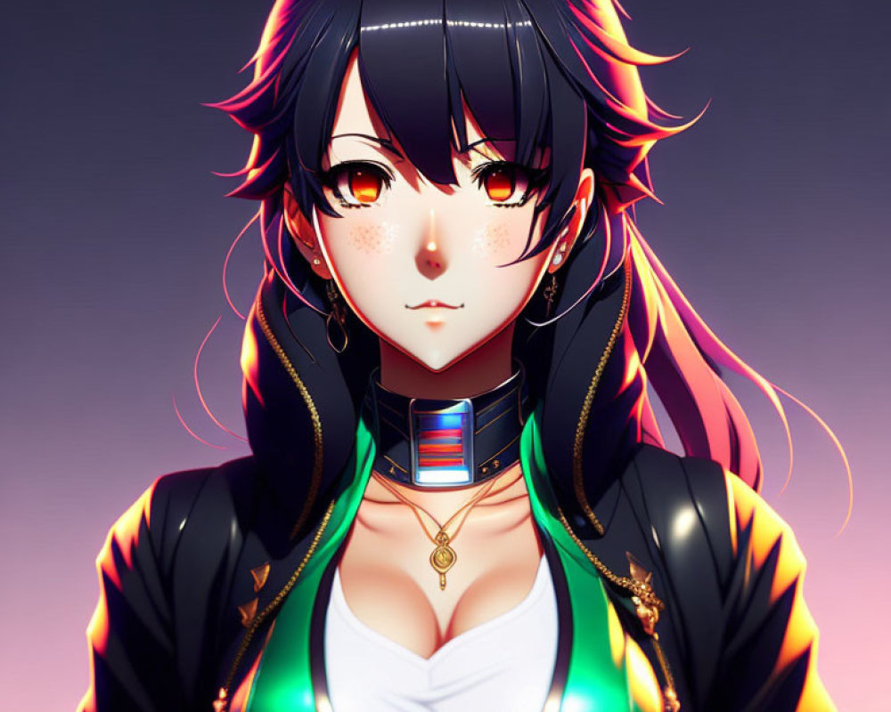 Female anime character with long dark hair and golden eyes on dark pink backdrop