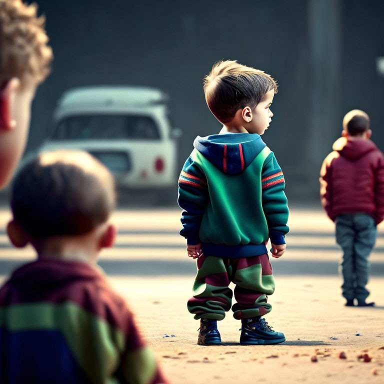 Child in Colorful Hoodie Stands Among Blurred Kids Outdoors