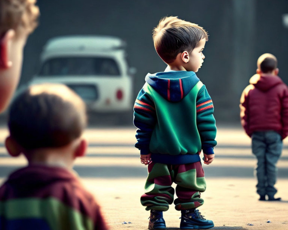 Child in Colorful Hoodie Stands Among Blurred Kids Outdoors