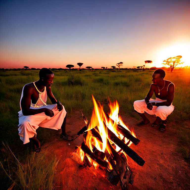 Two individuals at savannah campfire during sunset with trees and vibrant sky