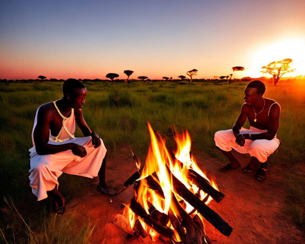 Two individuals at savannah campfire during sunset with trees and vibrant sky