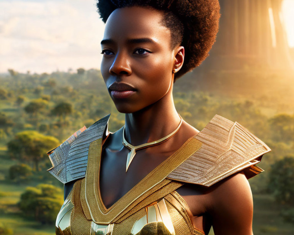 Elegant woman in golden armor with afro hairstyle in serene landscape