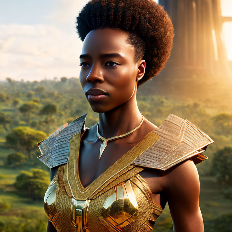 Elegant woman in golden armor with afro hairstyle in serene landscape