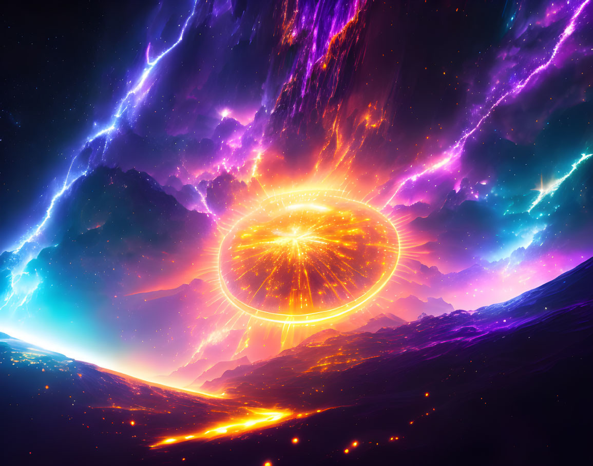 Colorful cosmic scene: exploding star, neon auroras, mountain landscape under starry sky