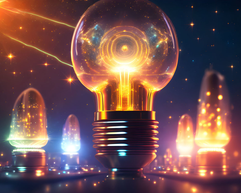 Intricate futuristic city filament in glowing light bulb amidst cosmic backdrop