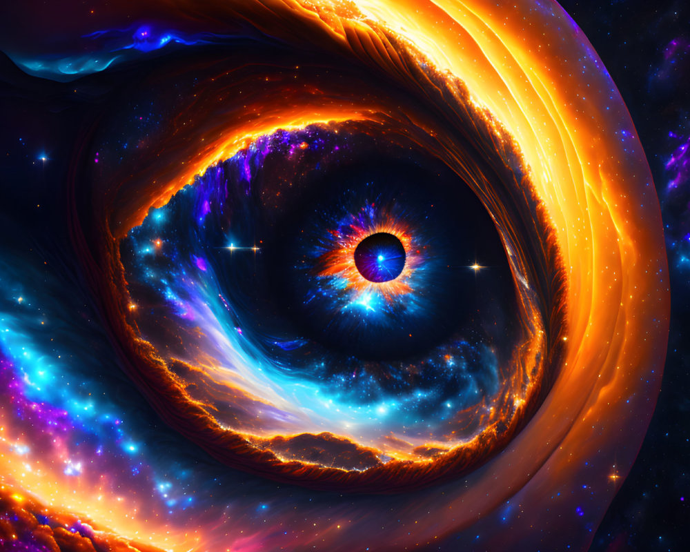 Colorful digital artwork: cosmic scene with swirling orange, blue, and purple hues around a celestial eye