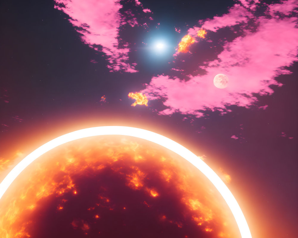 Vibrant celestial scene: orange planet, pink clouds, bright stars