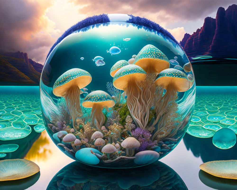 Transparent sphere with vibrant jellyfish and coral in surreal landscape