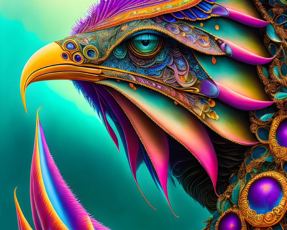 Colorful Digital Artwork: Ornate Eagle with Intricate Patterns and Peacock Feathers on Te