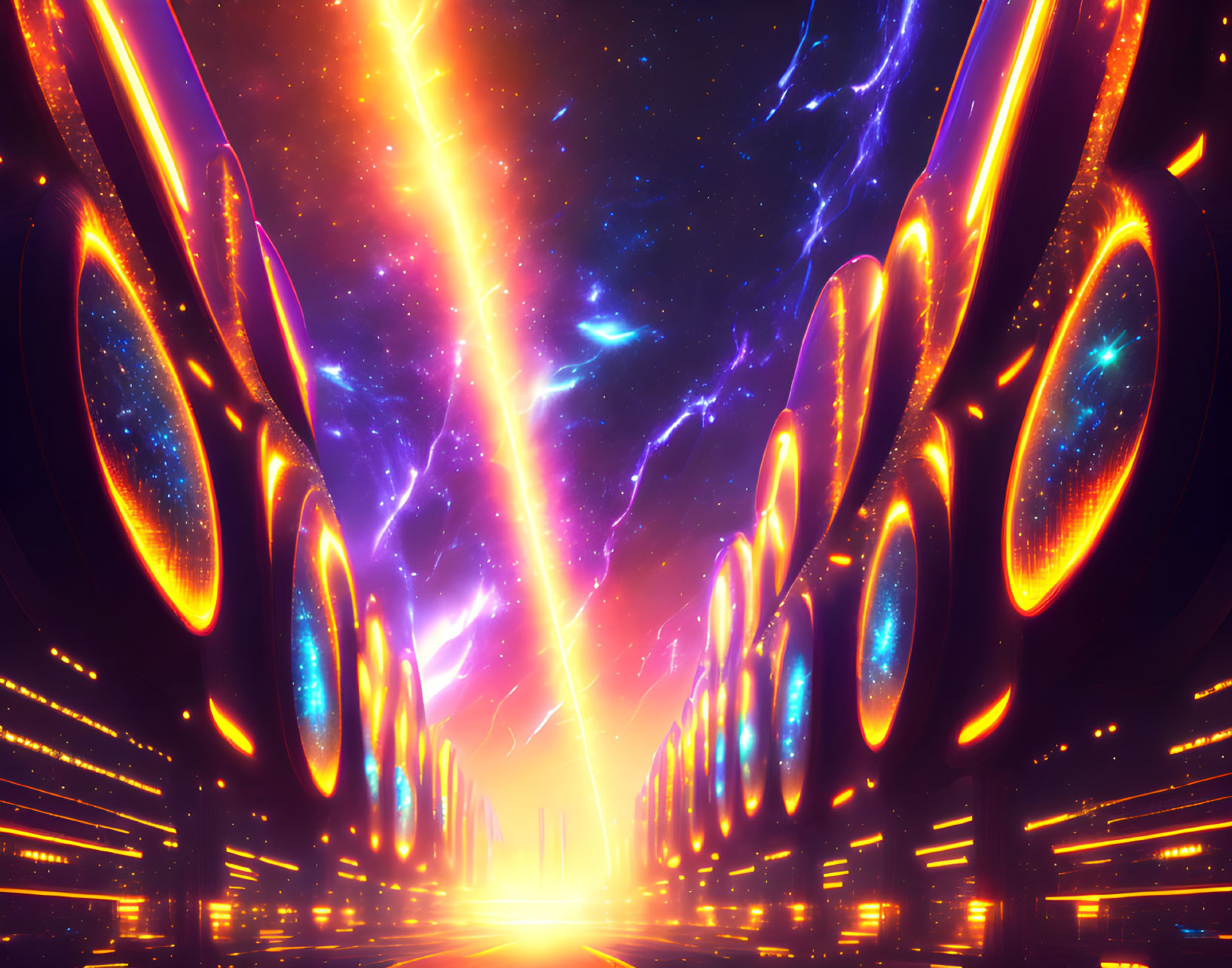 Sci-fi corridor with glowing portals, neon lights, cosmic sky, and bright light.