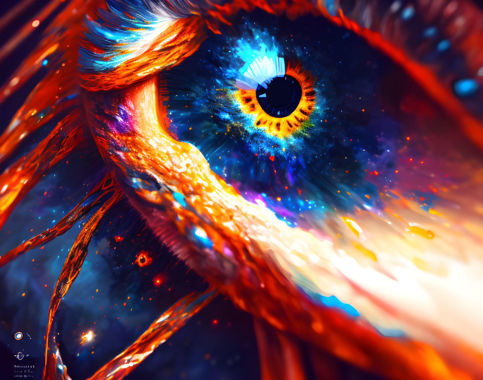 Detailed close-up illustration of a glowing nebula-like iris in an eye with fiery orange and red lashes