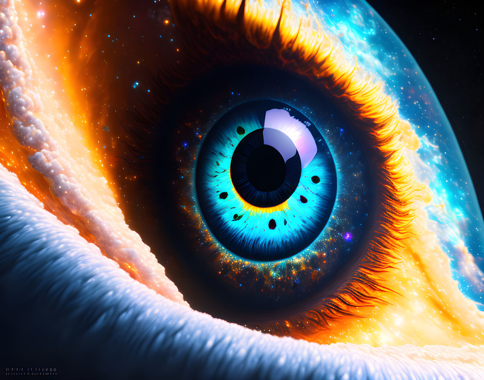 Surreal illustration of human eye merging with cosmic nebula