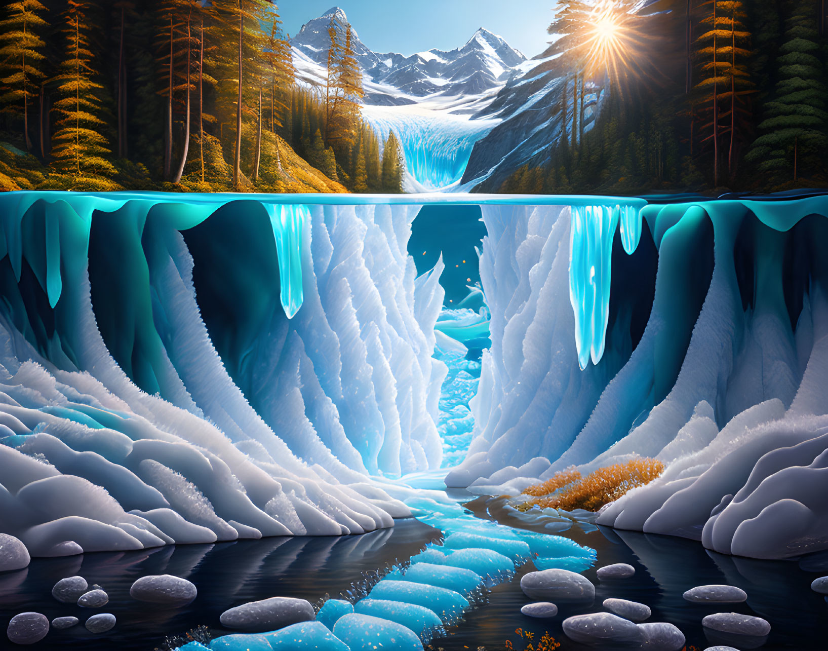 Sunlit snowy mountain scene with blue ice cave, pine trees, and river