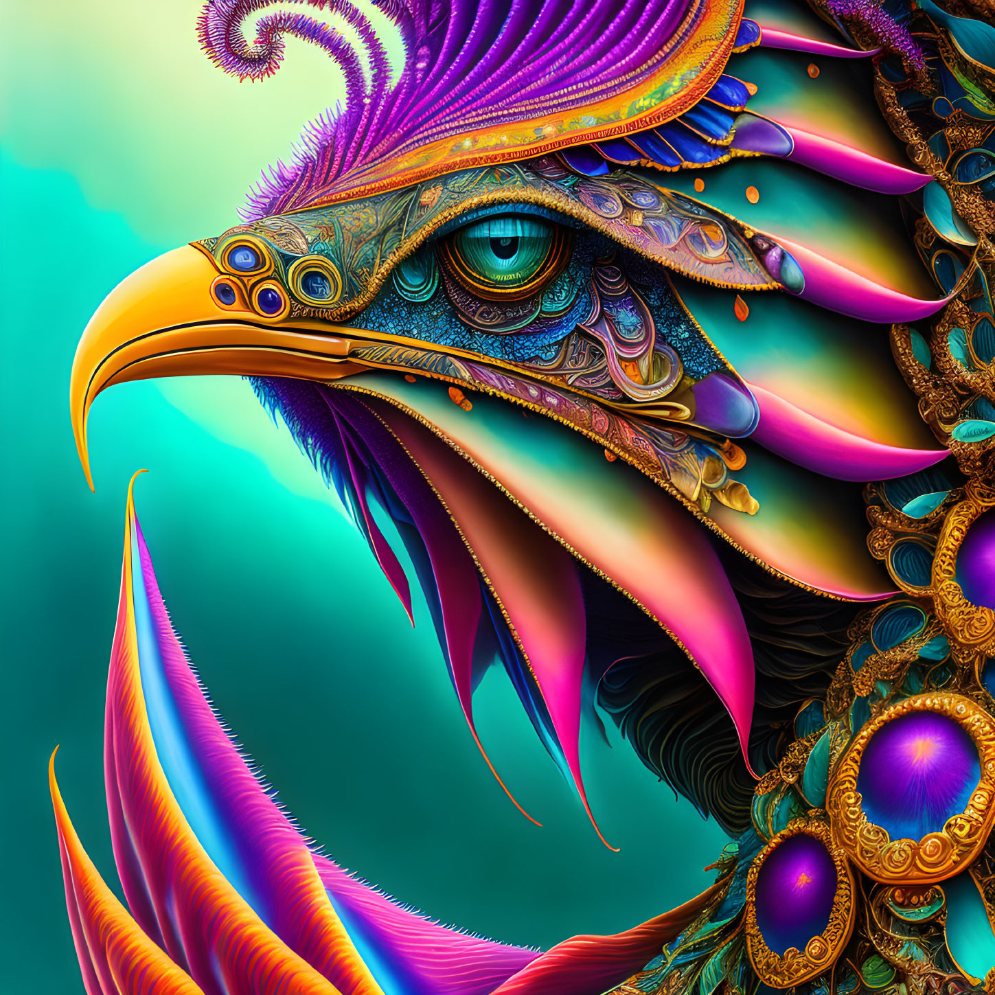 Colorful Digital Artwork: Ornate Eagle with Intricate Patterns and Peacock Feathers on Te