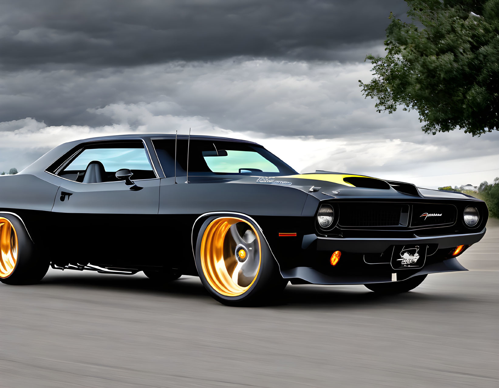 Black Muscle Car with Yellow Trim and Wheel Flames Parked on Road