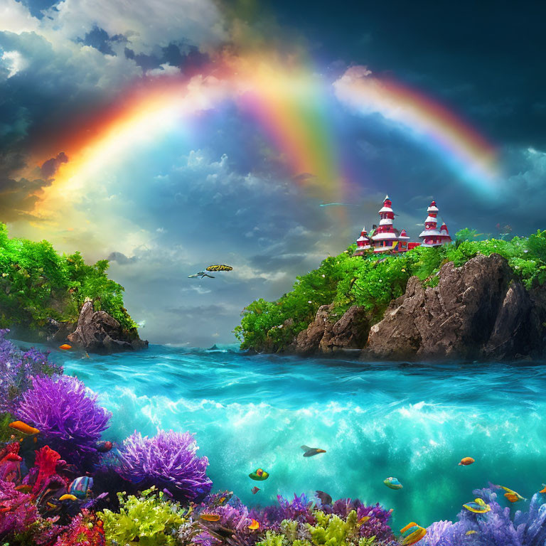 Colorful Rainbow Over Fantasy Castle on Cliff in Vibrant Landscape