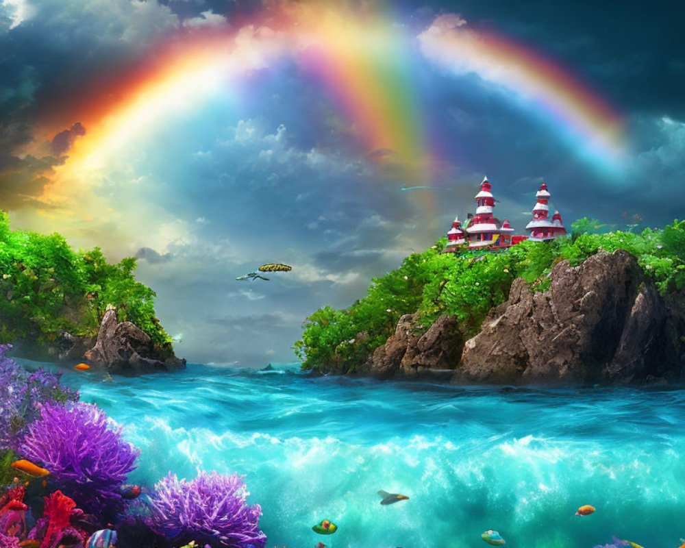 Colorful Rainbow Over Fantasy Castle on Cliff in Vibrant Landscape