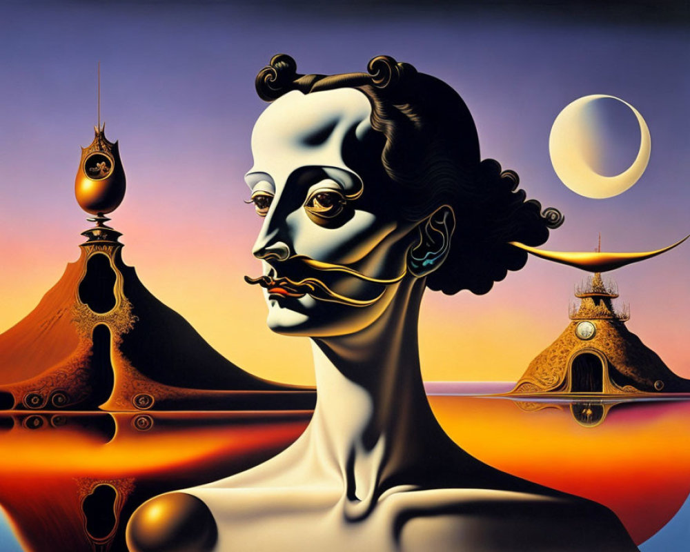 Distorted female figure in surreal painting with crescent moon and fantasy structures