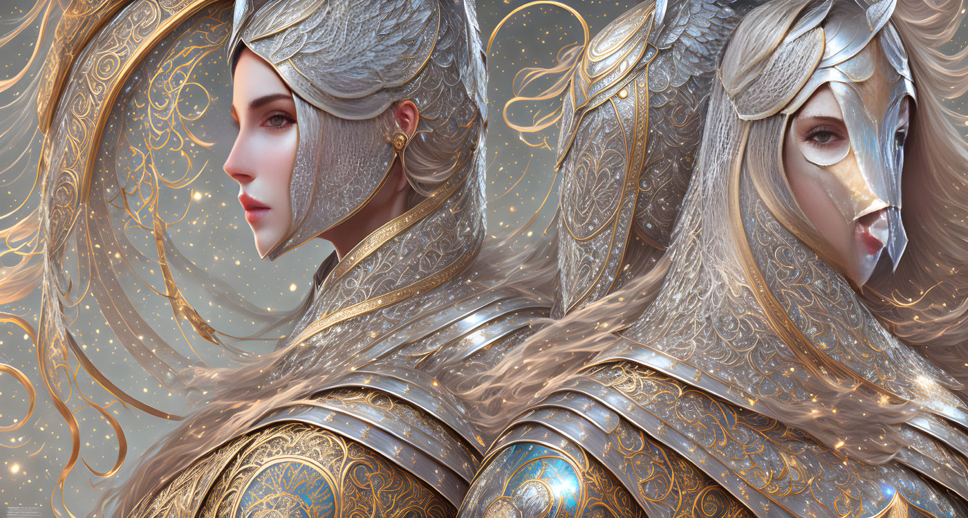 Ethereal women in ornate golden armor against celestial backdrop