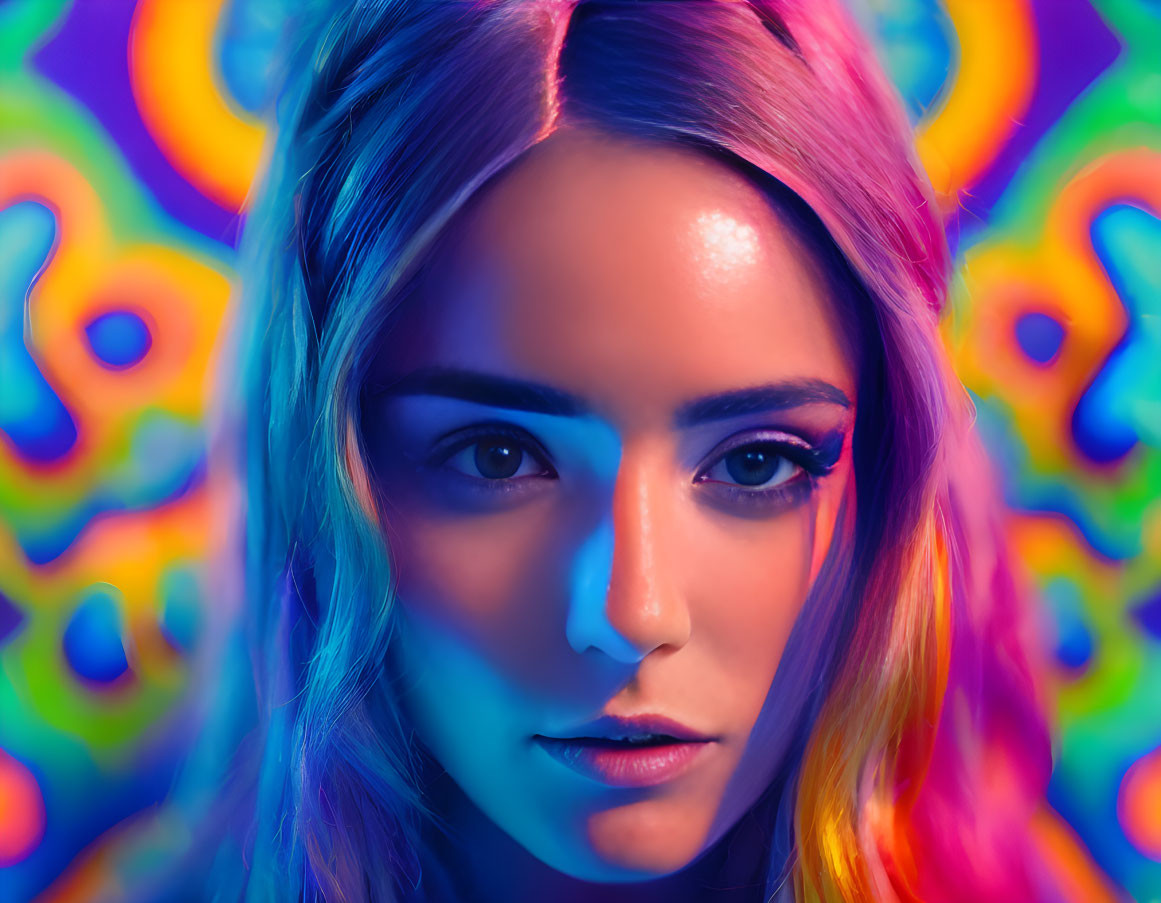 Vibrant psychedelic background with woman's striking makeup