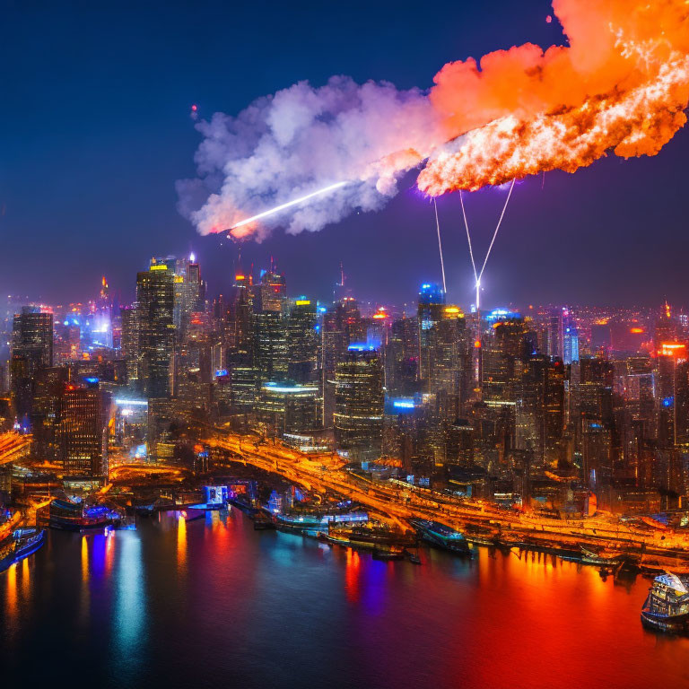 City skyline with illuminated buildings, bridge, boats, and fiery sky