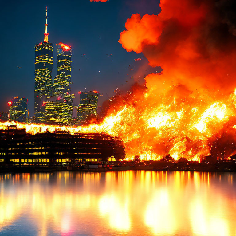 Nighttime cityscape with blazing inferno reflected in water