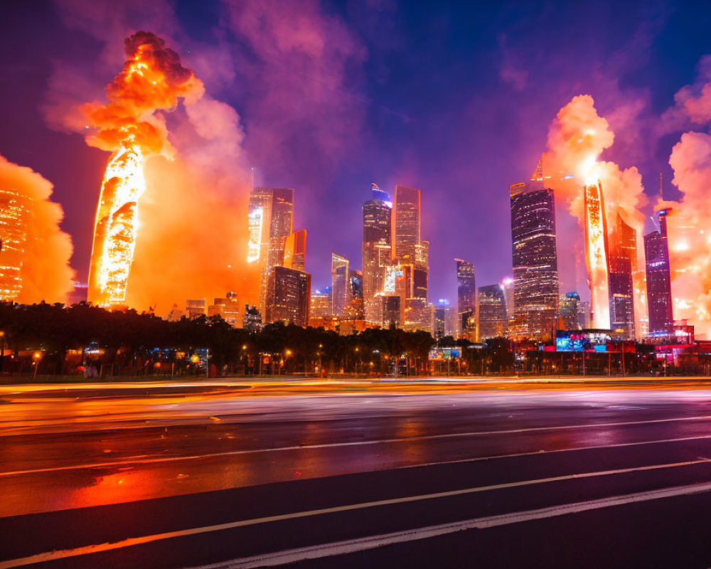 Urban skyline illuminated by coordinated firework-like display at twilight