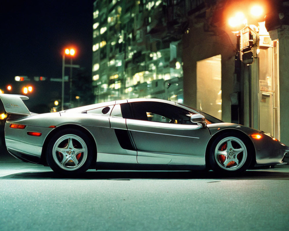 Silver sports car parked at night on urban street with overhead streetlights and buildings in background