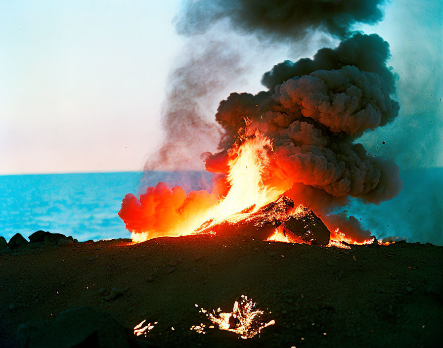 Bright orange lava flows in volcanic eruption against blue ocean.