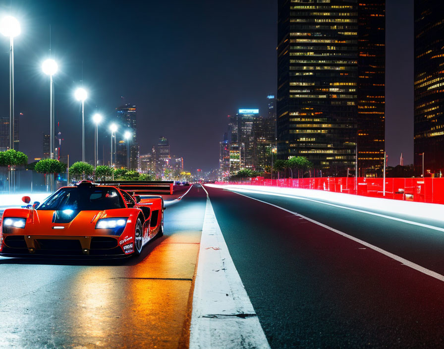 Sleek Sports Car on City Street at Night with Red Tail Lights